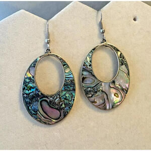 Vintage Alpaca Mexico Oval Earrings Abalone Shell with Fish Hooks